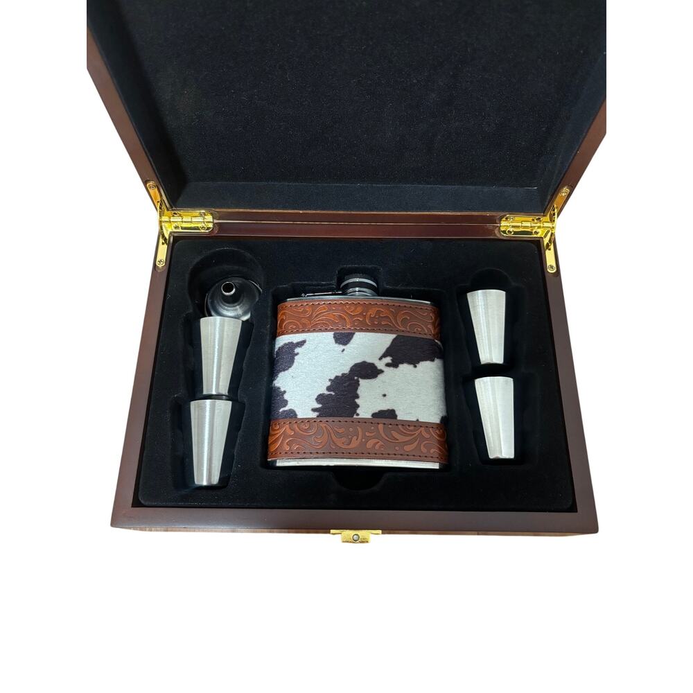 Cow Print 6 oz Stainless Steel Flask Gift Set in Wood Box with Cups & Funnel - Picture 5 of 8